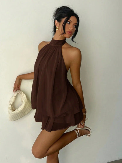2026 Women's Elegant Halter Neck Sleeveless Ruffled Layered Chiffon Mini Dress Casual Summer Party Dress for Beach Vacation Y2K
