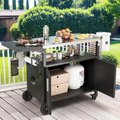 Outdoor grill cart for patio kitchen island use, black steel with foldable tabletop and storage cabinet, movable on wheels for