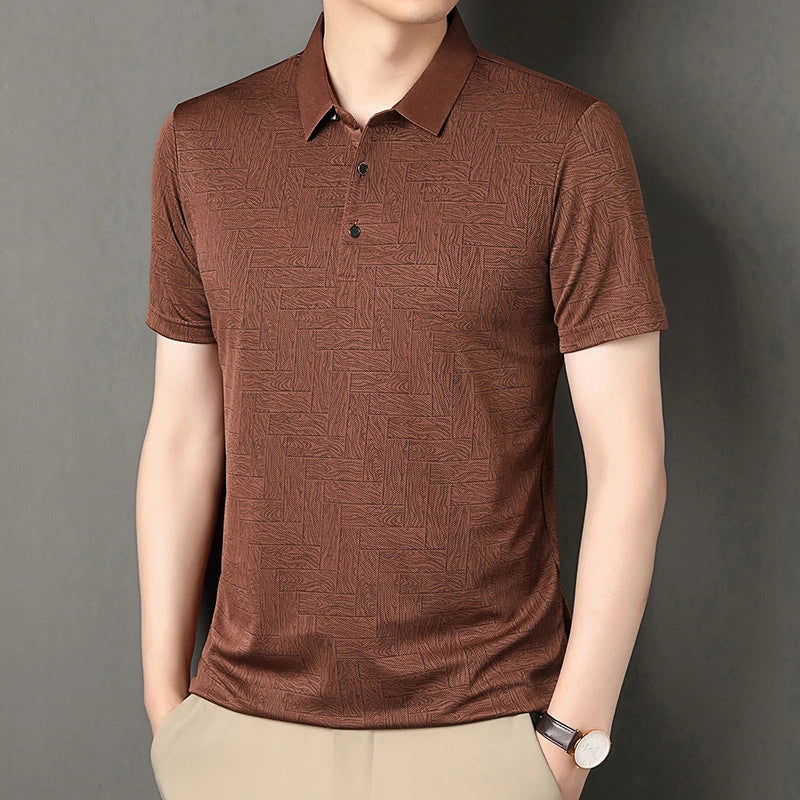 Men's Comfortable Short Sleeve Polo Shirt Weave Pattern Contrast Collar Design 2026 Casual Daily Office Fashion Top