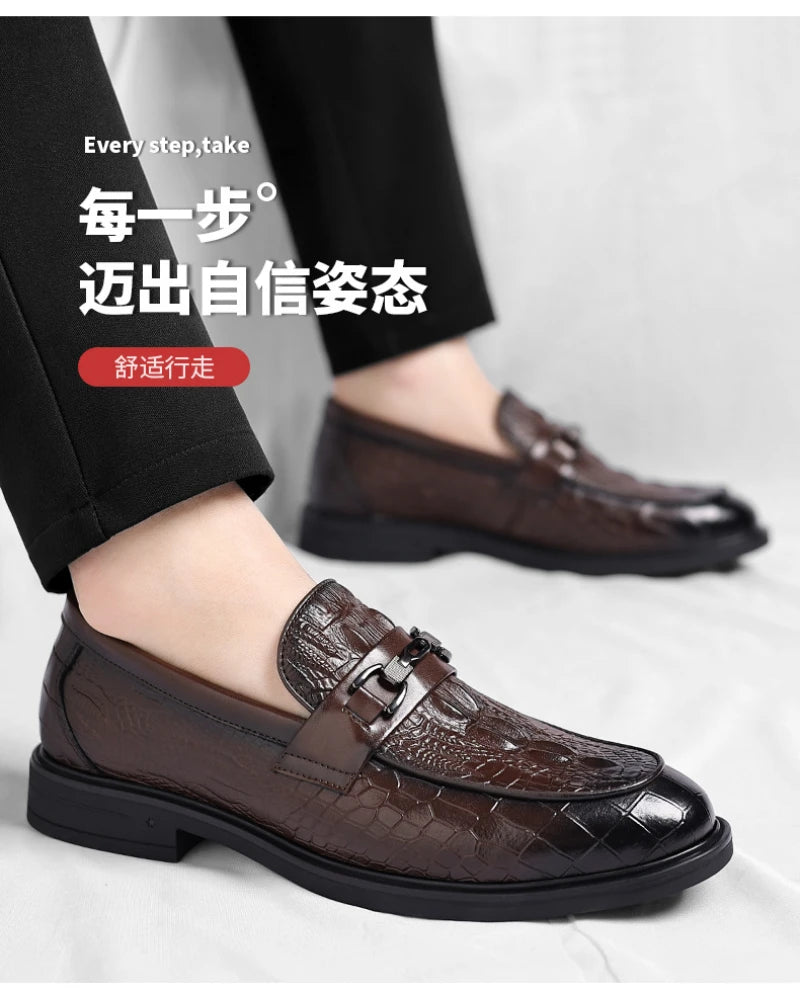 Mens Black Crocodile Embossed Leather Loafers With Metal Horsebit Buckle Thick Sole Formal Business Wedding Party Dress Shoes