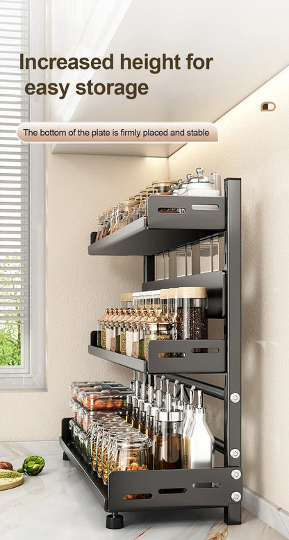 3 Tier Spice Storage Rack for Countertop Adjustable Spice Organization For Cabinet Kitchen Organizer Metal Shelf Black