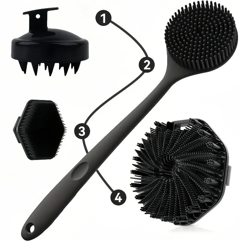 4PCS Long Handle Silicone Bath Brush Set for Body Back Face Gentle Exfoliating Massage Deep Cleaning with Non Slip Grip