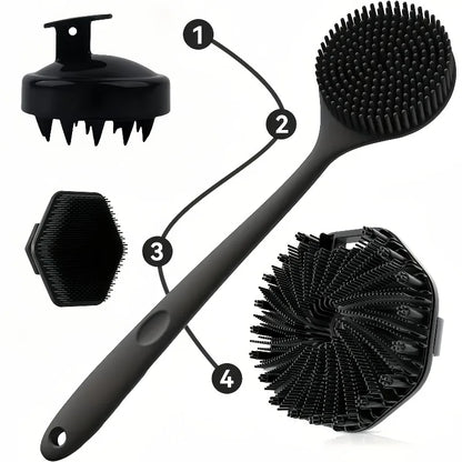 4PCS Long Handle Silicone Bath Brush Set for Body Back Face Gentle Exfoliating Massage Deep Cleaning with Non Slip Grip