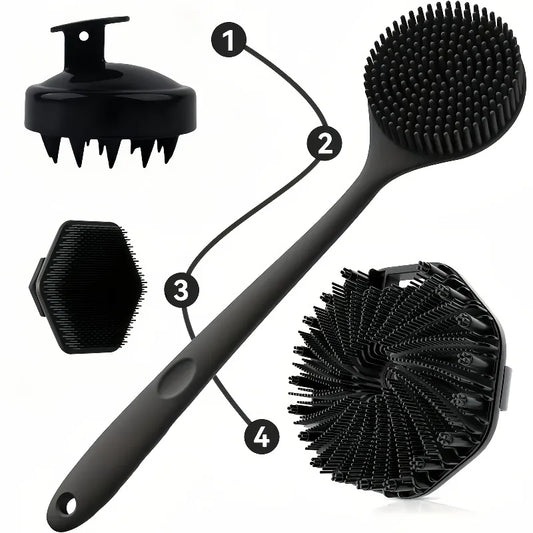 4PCS Long Handle Silicone Bath Brush Set for Body Back Face Gentle Exfoliating Massage Deep Cleaning with Non Slip Grip