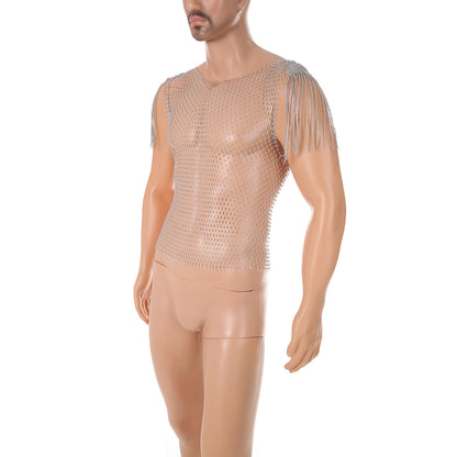 Tank Tops Shiny Rhinestone Fishnet Hollow Out Top Men Mesh See Through Tassel T-Shirt Man Party Clubwear Transparent Vest