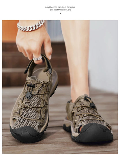 Genuine Leather Men's Sandals Summer Classic Outdoor Lightweight Walking Sneakers Hiking Men's Sandals Casual Beach Wading Shoes