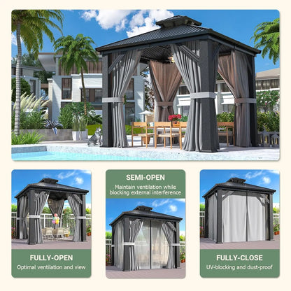 8x8FT Sturdy Hardtop Gazebo, Rustproof Aluminum Frame Double Steel Roof Outdoor Shelter with Decorative Curtains, Customized