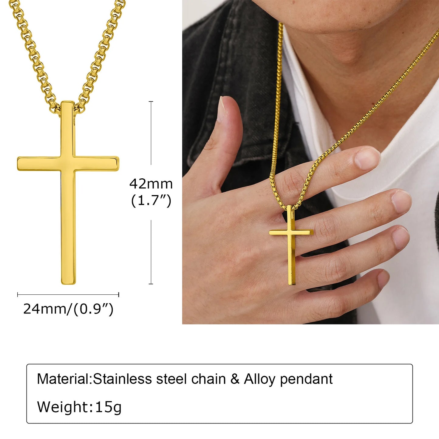 Vnox Cross Necklace for Men Women, Silver Color Plain Alloy Metal Cross Pendant Collar with Stainless Steel Box Chain