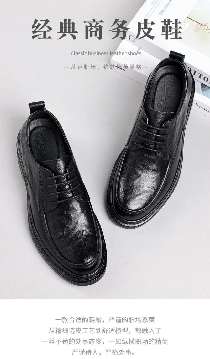 Mens Black Wrinkled Leather Apron Toe Lace Up Dress Shoes Thick Lug Sole Chunky Formal Business Office Work Daily Wear Shoes