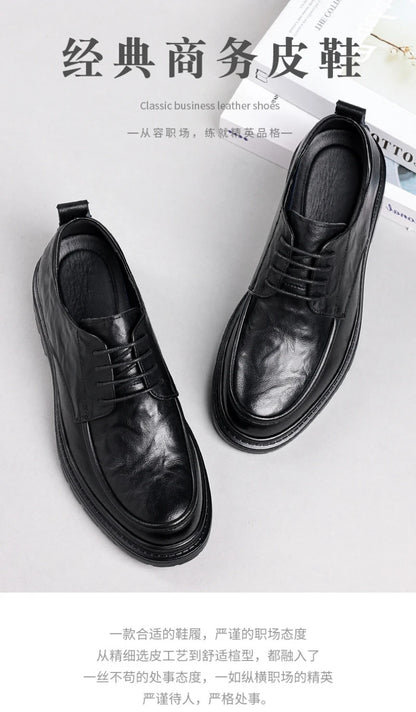 Mens Black Wrinkled Leather Apron Toe Lace Up Dress Shoes Thick Lug Sole Chunky Formal Business Office Work Daily Wear Shoes