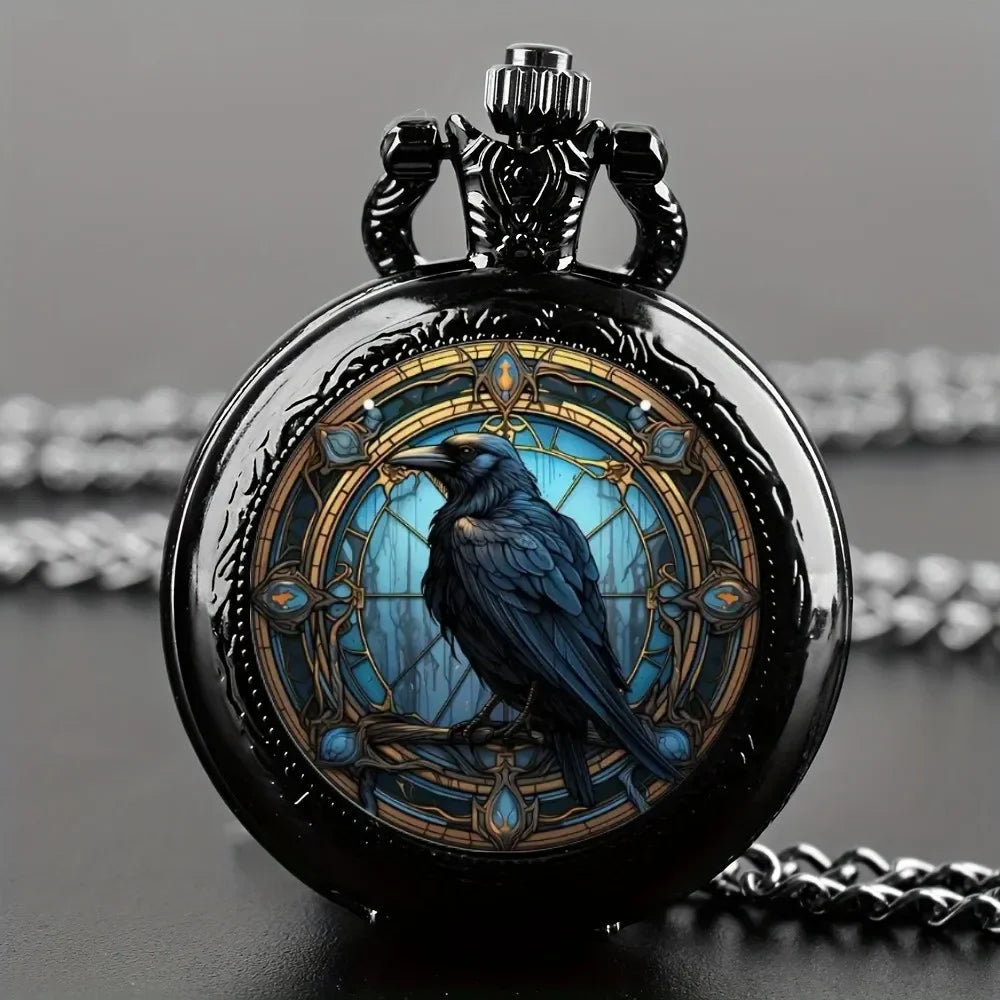 Gothic Design Black Raven Pocket Watch with Necklace Alloy Case & Band,Quartz Movement, Non-Waterproof Watch for Men Women Kids