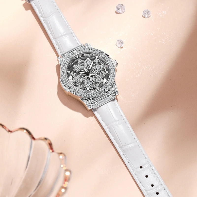 Popular women's watch with fashionable large dial, pentagram waterproof watch for girls, snowflake rotating hollow women's watch