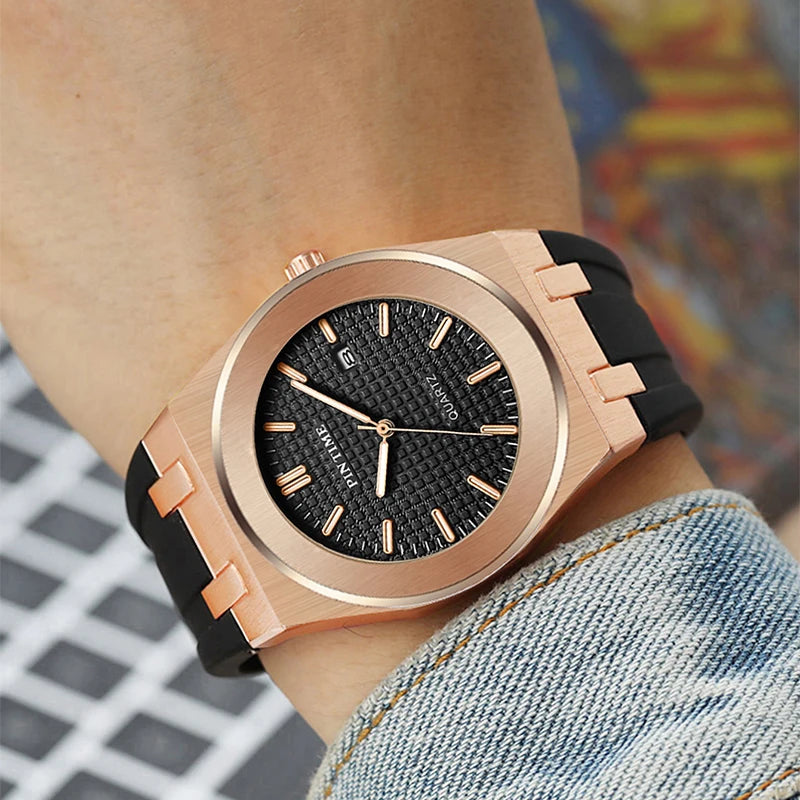 PINTIME Top Brand Sport Men's Watches Silicone Strap Waterproof 30m Calendar Check Face Dial Fashion Quartz Wristwatch Relogios