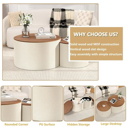 Round Nesting Coffee Table Set of 2 with Storage, 26.8" Farmhouse Handwoven PU Coffee Table, for Living Room, Customized