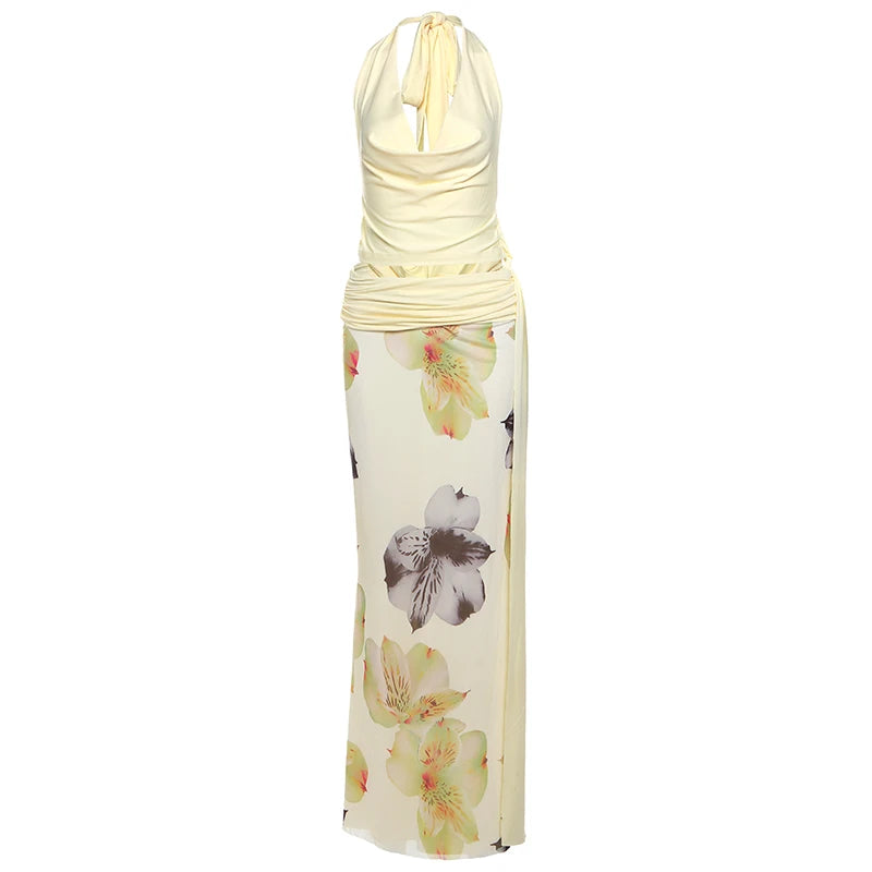 Weird Puss Elegant Women 3 Piece Set Stack Trend Halter Tops+Split Tassel Tassel+Flowers Mesh Skirts Matching Vacation Clubwear