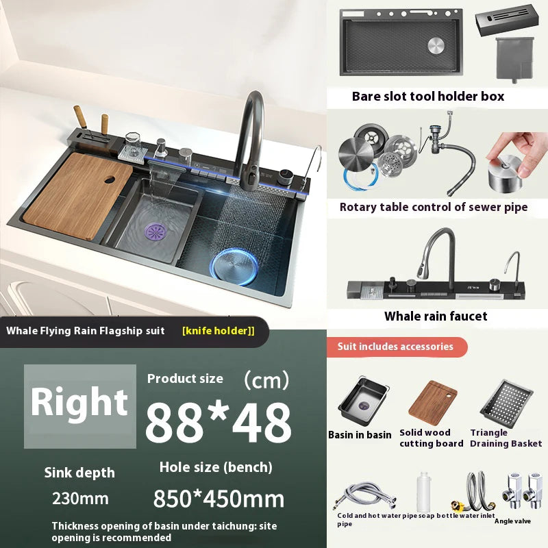 Various Waterfall kitchen Sink  Stainless Steel Multifunctional Large Single Slot Digital Display Sinks