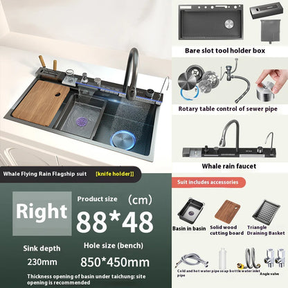 Various Waterfall kitchen Sink  Stainless Steel Multifunctional Large Single Slot Digital Display Sinks
