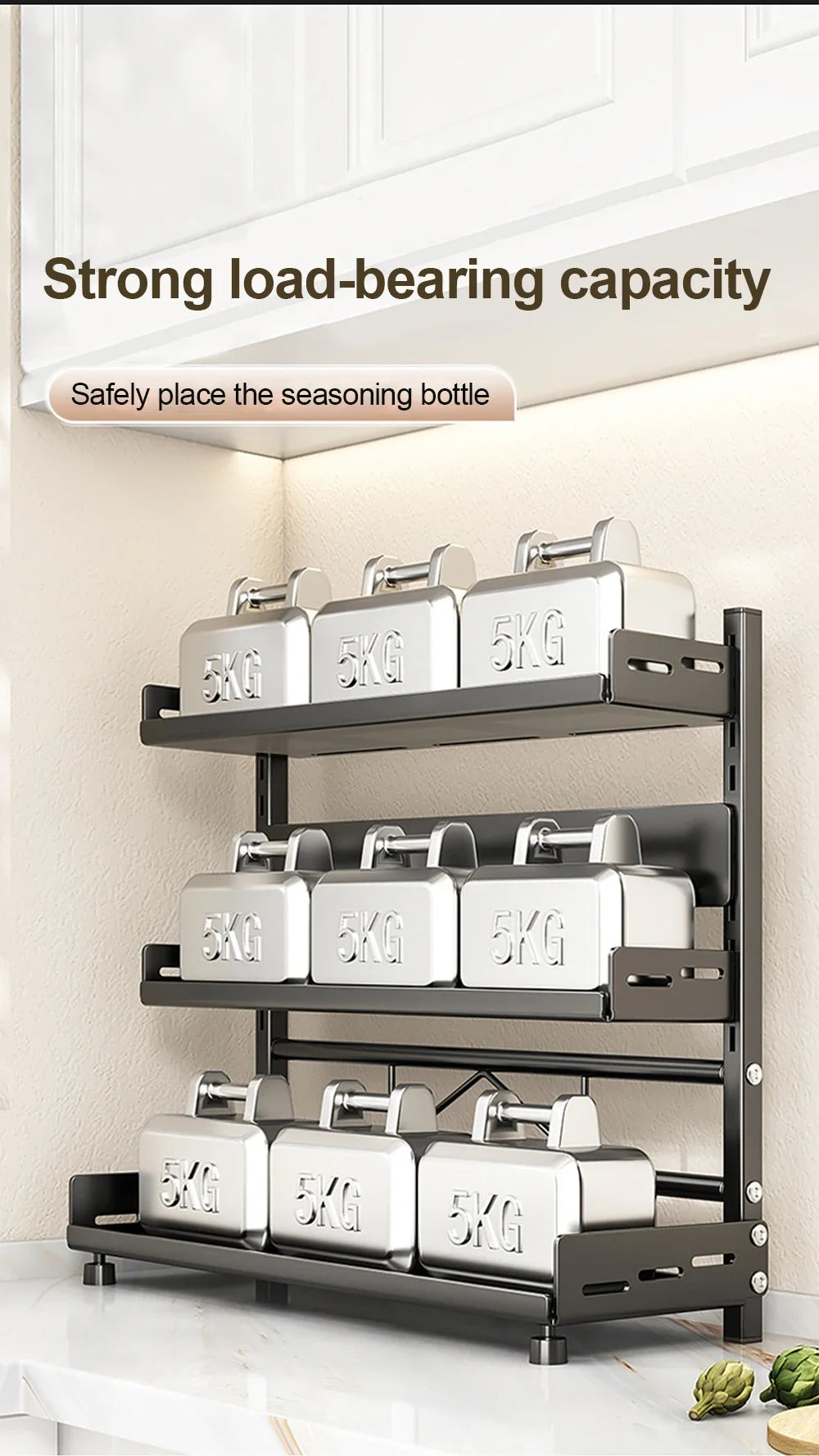 3 Tier Spice Storage Rack for Countertop Adjustable Spice Organization For Cabinet Kitchen Organizer Metal Shelf Black