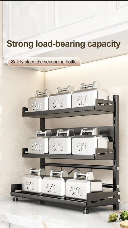 3 Tier Spice Storage Rack for Countertop Adjustable Spice Organization For Cabinet Kitchen Organizer Metal Shelf Black
