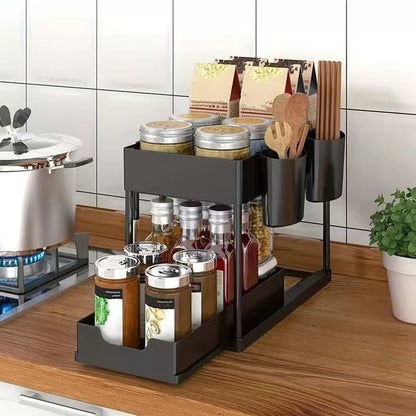 Double Layer Sliding Under Sink Storage Rack with Hanging Hooks Multifunctional Kitchen Bathroom Cabinet Organizer Rack