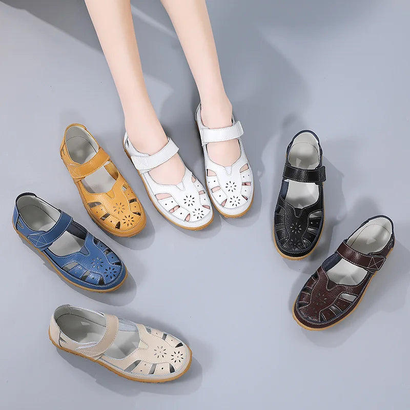 WOIZGIC Female Ladeis Mother Women's Genuine Leather Loater Flats Sandals Shoes Summer Cool Soft Outside Beach