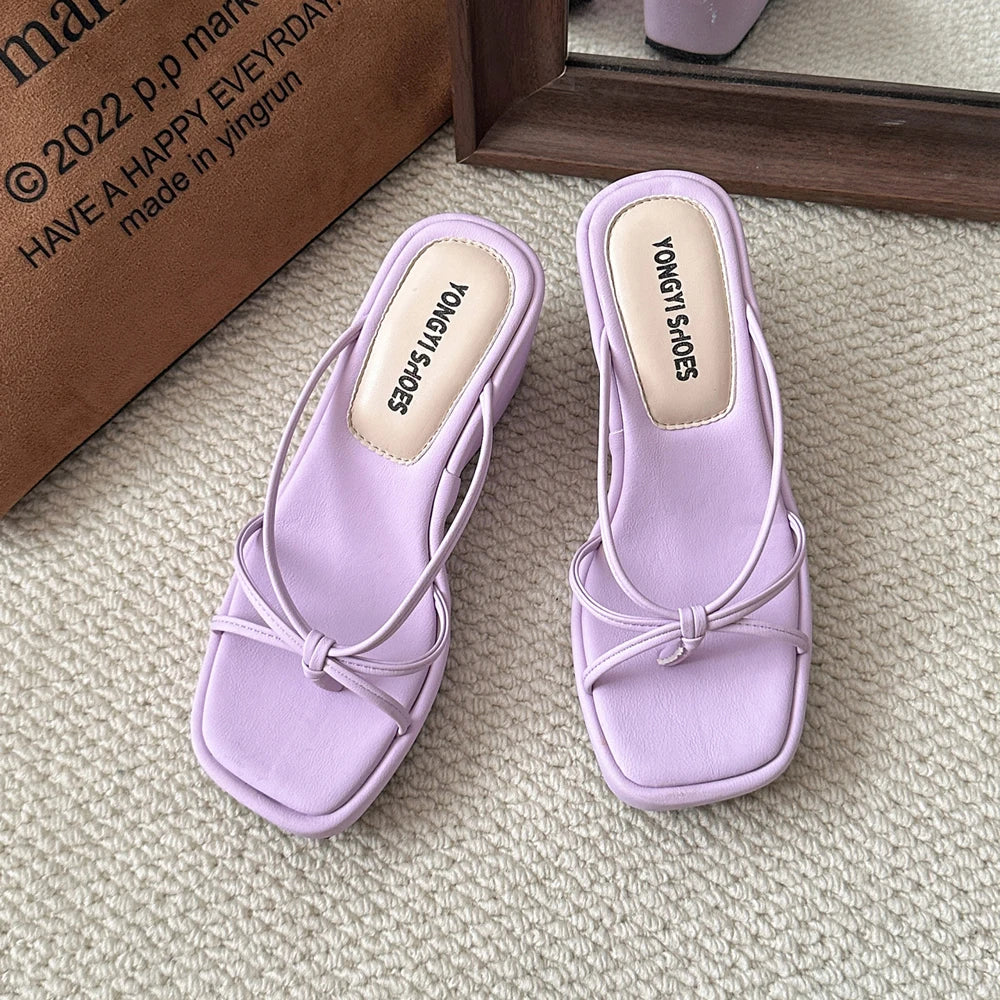 Sweet Butterfly Knot Design Women's Sandals Summer New Style Purple Slip-On Wedge Heel Outdoor Wearable Comfortable Slides