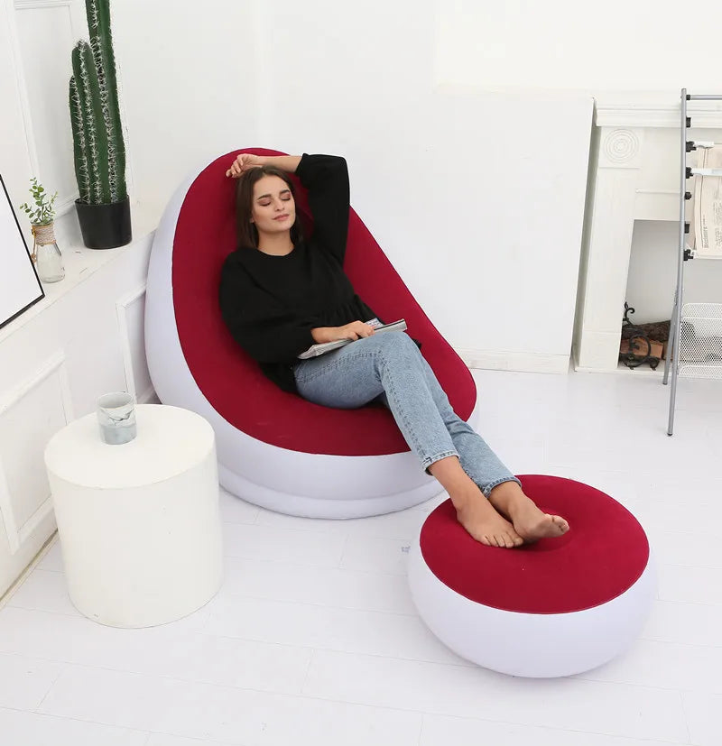OTAUTAU Inflatable Lounger with Footstool Ottoman Chaise Lounge Recliner Outdoor Portable Camping Couch Garden Chair Pouf SF029