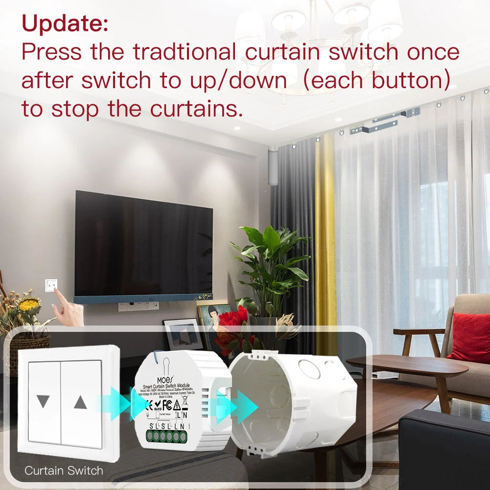 Moes Tuya ZigBee Smart RF433 Curtain Switch Module DIY for Motorized Roller Blinds Motor 2MQTT Smart Life APP Alexa Google Home
