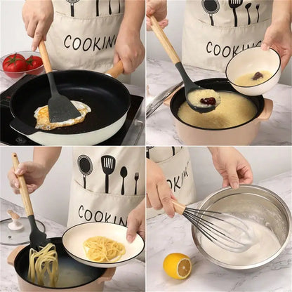 12 Piece Silicone Cooking Kitchen Utensils Set With Wooden Handle, Silicone Flip Flop Tongs Spatula Spoon Kitchen Utensils Set F