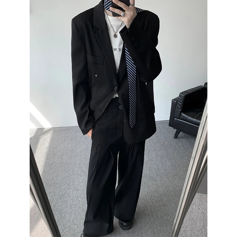 Casual suit set Men Loose fitting 2 piece suit Shoulder pads Trend Streetwear Korean 2025 NEW suit jacker+suit pants