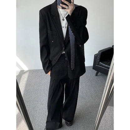 Casual suit set Men Loose fitting 2 piece suit Shoulder pads Trend Streetwear Korean 2025 NEW suit jacker+suit pants