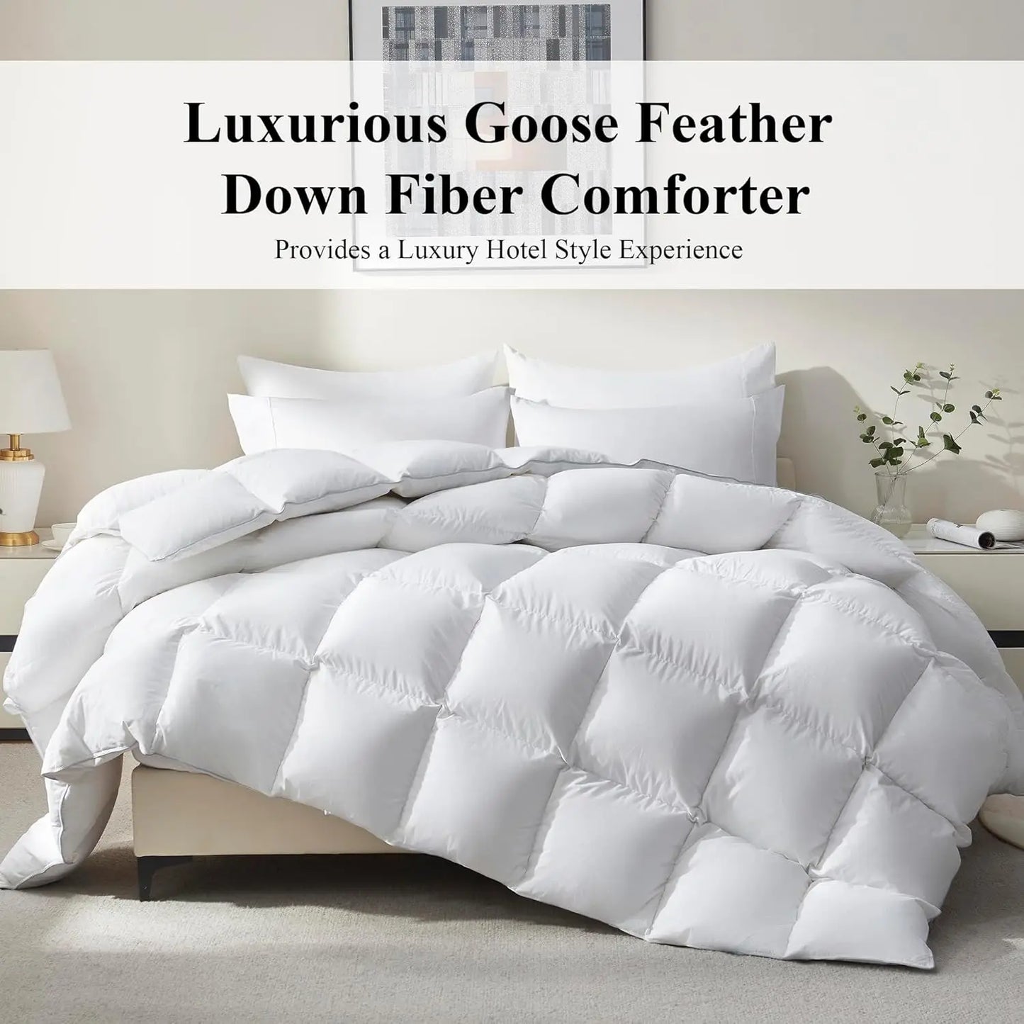 750+ Fill Power Goose Down Fiber Comforter Queen Size - All Season White Fluffy Duvet Insert, Medium Warmth 90x90 Inch