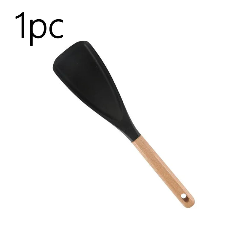 Wooden Handle Silicone Utensils - Non-Stick Kitchen Tools with Storage Caddy, Cooking Spoon & Spatula Set