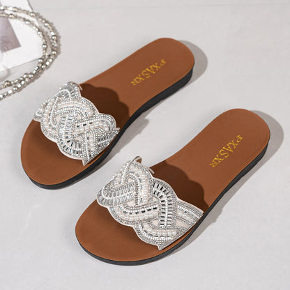 PXASXR Pearl Sandals for Women Fashionable Wear-Resistant Flat Bottom Slippers Comfortable Casual Beachwear Outdoor Slippers
