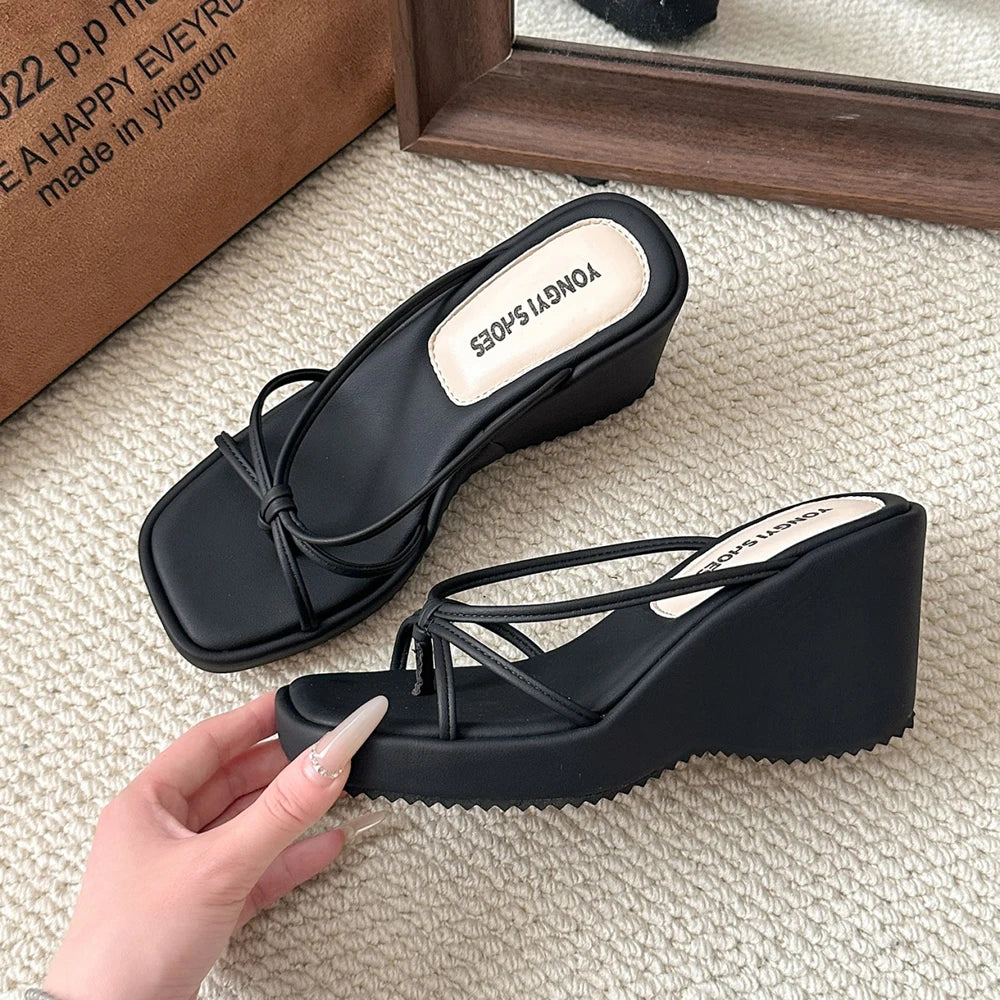 Sweet Butterfly Knot Design Women's Sandals Summer New Style Purple Slip-On Wedge Heel Outdoor Wearable Comfortable Slides