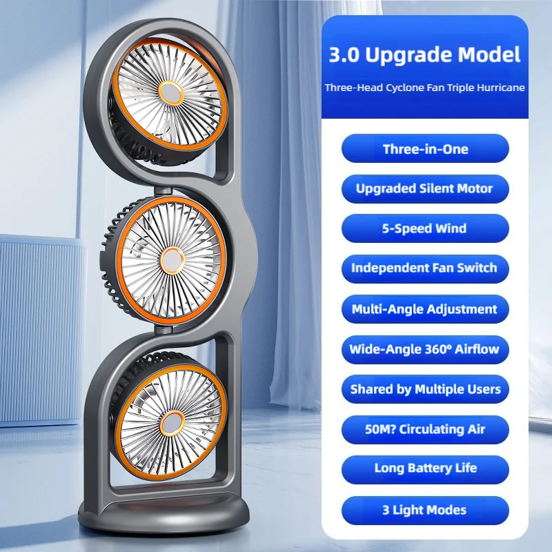 TINSOL Portable Three-Head Fan, 360° Wind Direction Adjustment, Five-Speed Wind, Dormitory and Outdoor Desktop Fan