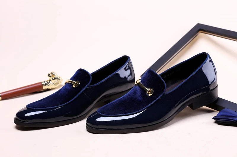 Mens Formal Navy Blue Velvet Patent Leather Loafers With Gold Horsebit Accent Flat Heel Comfortable Non Slip Breathable Business