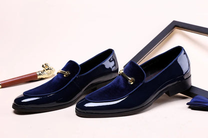 Mens Formal Navy Blue Velvet Patent Leather Loafers With Gold Horsebit Accent Flat Heel Comfortable Non Slip Breathable Business