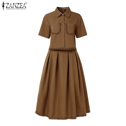 ZANZEA Womens Casual 2 Piece Sets Lace Trim Short Sleeve Crop Tops A-line Midi Skirts 2PCS Outfits Elegant Commute Skirt Sets