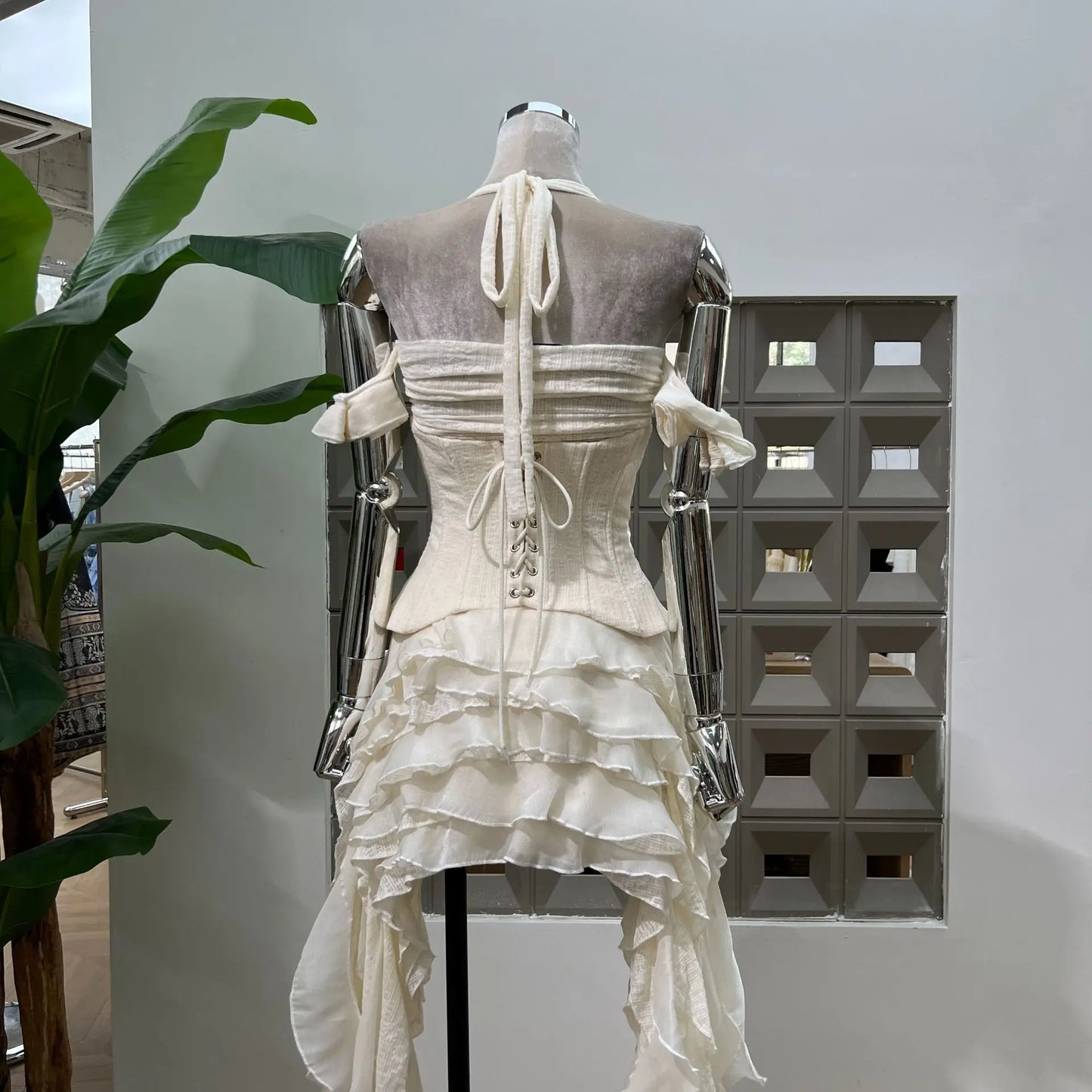 DFDG Hanging Neck High-quality Long Skirt Irregular Design Solid Color 2025 Summer New Women's Waist Cinching Slimming Dress