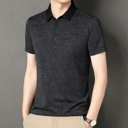 Men's Comfortable Short Sleeve Polo Shirt Weave Pattern Contrast Collar Design 2026 Casual Daily Office Fashion Top