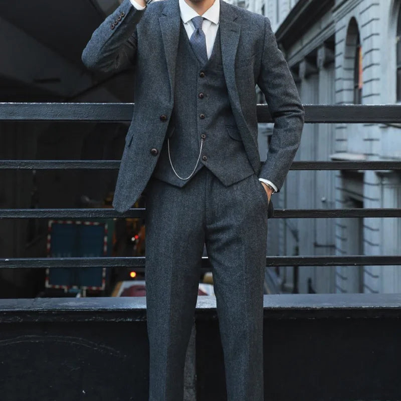 Retro British Yuppie Gentleman's Peaky Blinders Style Wool Tweed Herringbone Slim-Fit Suit Three-Piece Suit