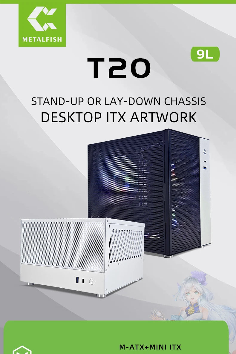 METALFISH T20 Mini ITX White Case 9L Compact PC Chassis Support Flex PSU/240mm GPU/100mm Cooler/180 Liquid Cooler