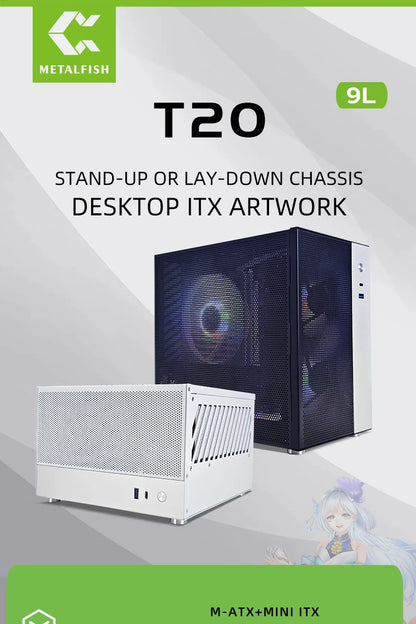 METALFISH T20 Mini ITX White Case 9L Compact PC Chassis Support Flex PSU/240mm GPU/100mm Cooler/180 Liquid Cooler