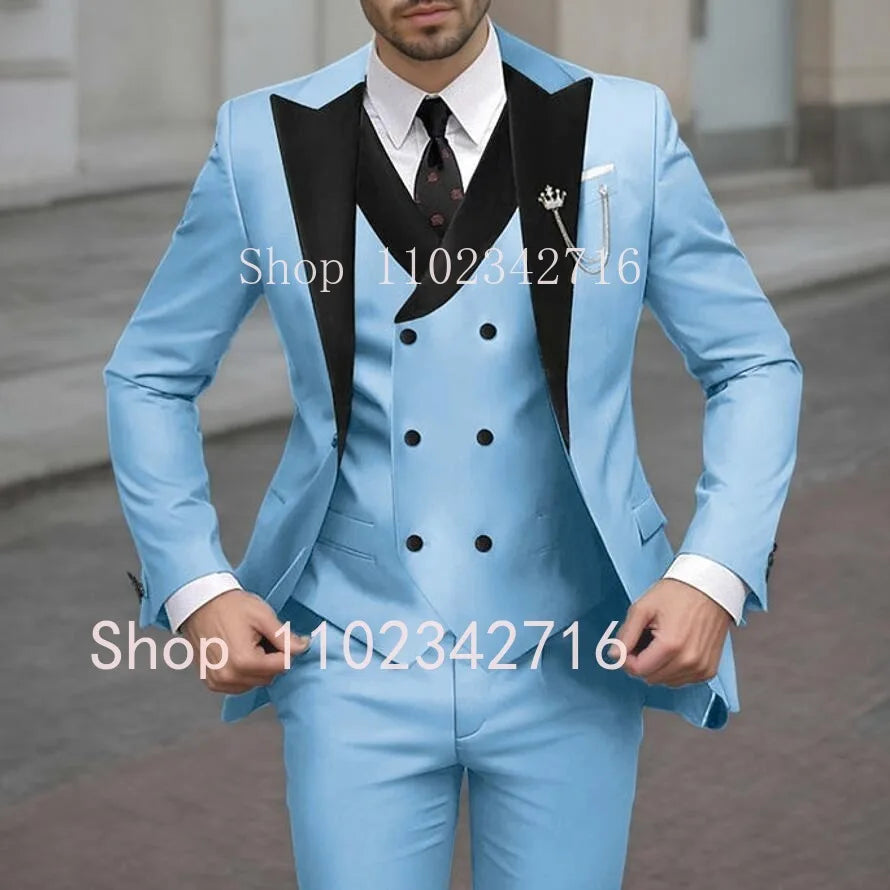 New Classic Beige Single Breasted Suits For Men Black Lapel Slim Fit Wedding Suit Groomsmen Formal Prom Party Suits 3 Piece Sets