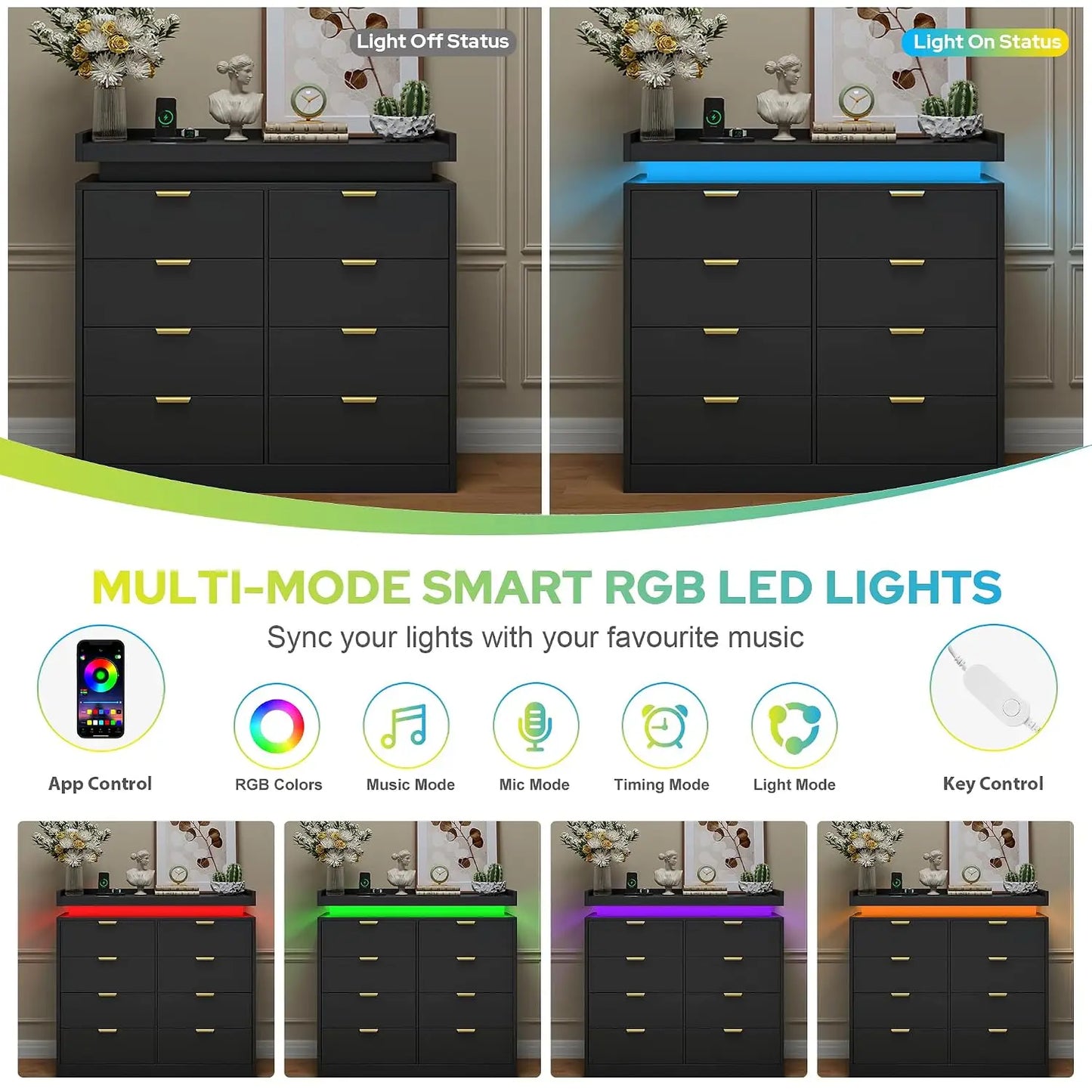 Modern Large Wooden 8 Drawer Bedroom Dresser, Storage Chest Integrated with LED Lights and Convenient Power Outlet, Customized