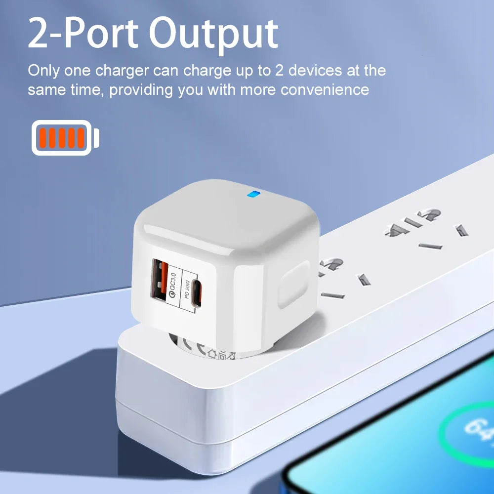 1Pcs 20W Dual Ports Wall Charger Type-C USB C PD Phone Fast Charger Super Quick Charging Power Adapters EU/US/UK Plug For iPhone