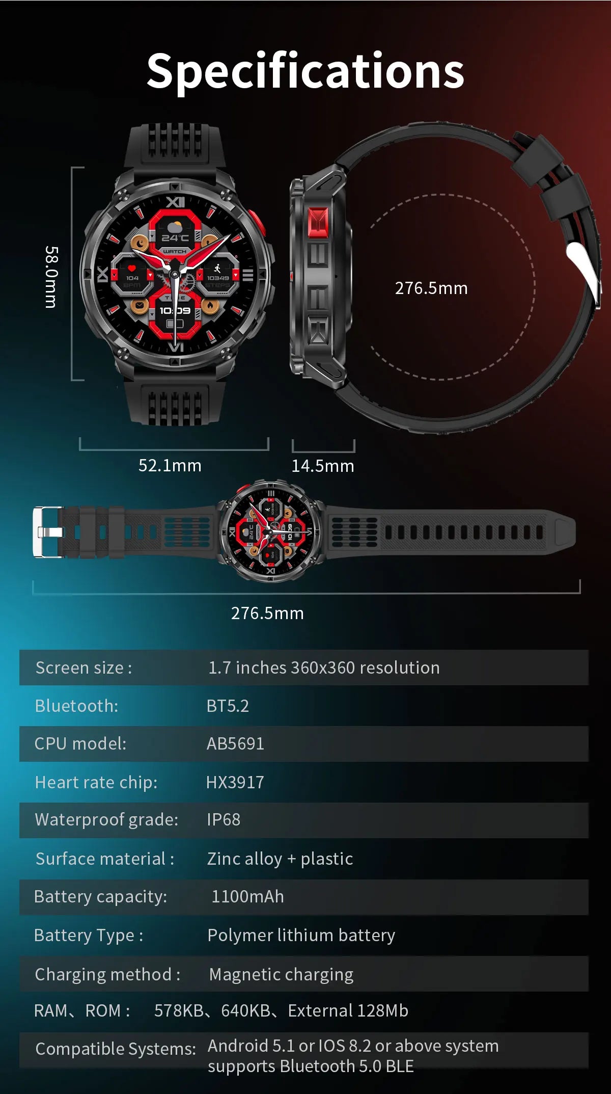 2026 T-Rex3 Ultra 1100mAh Battery 170+Sport Fitness LED Flashlight IP68 Waterproof Bluetooth call GPS track Smartwatch Compass