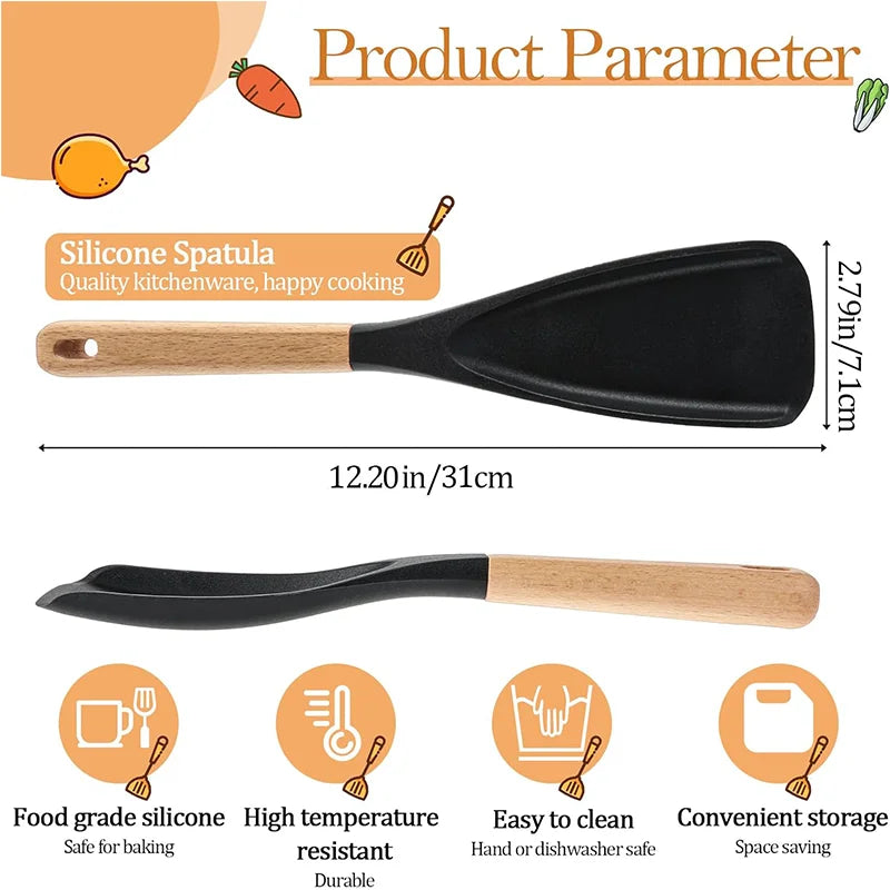 Wooden Handle Silicone Utensils - Non-Stick Kitchen Tools with Storage Caddy, Cooking Spoon & Spatula Set