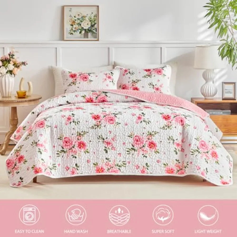 Floral Quilt Set 3 Pieces Queen Size White Pink Flower Soft Microfiber Lightweight Summer Reversible Coverlet Bedspread for All